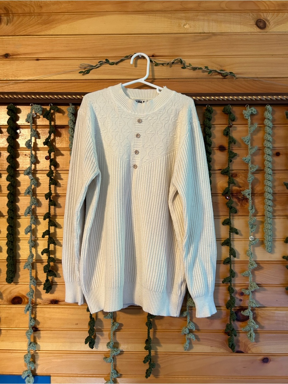 Cream Ribbed Knit Sweater with Button Yoke